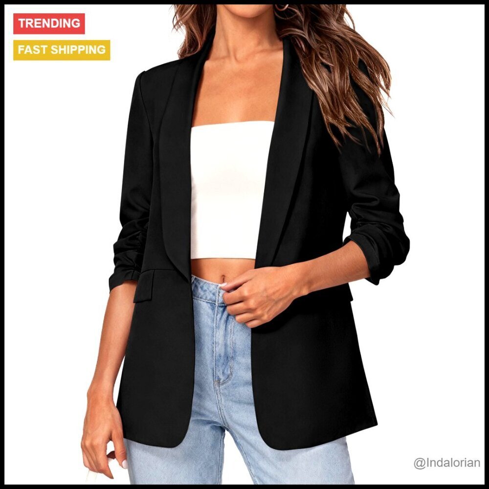 Lightweight Blazer Open Front Ruched 3/4 Sleeve Business Casual Work Jacket